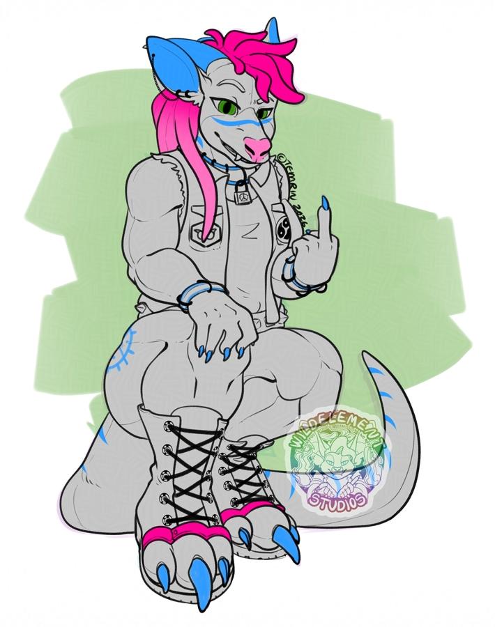 A mostly-colorless sketch of a buff punk kangaroo with some dragony features. She's smirking at the viewer (you) and flipping the bird, rocking a pair of toeless boots with pink highlights and a vest with two patches on the breast pockets: A BDSM triskelion on one and the Autism-ADHD butterfly on the other. Her "hair" (in quotes, because it's rubbery dreadlocks) has a short and messy mohawk style on top and long locks in the back.