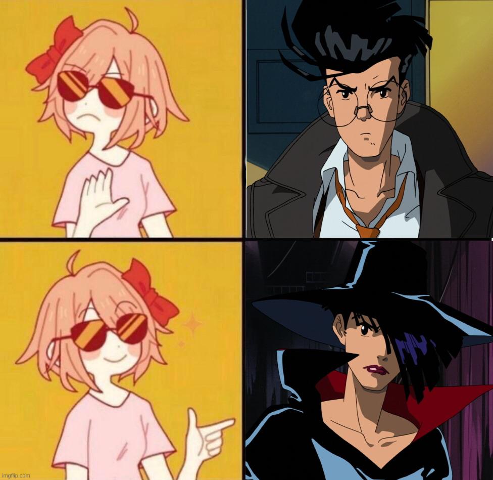 The yes/no girl meme, rejecting Adrian Seidelman as persona and liking CyberSix instead.